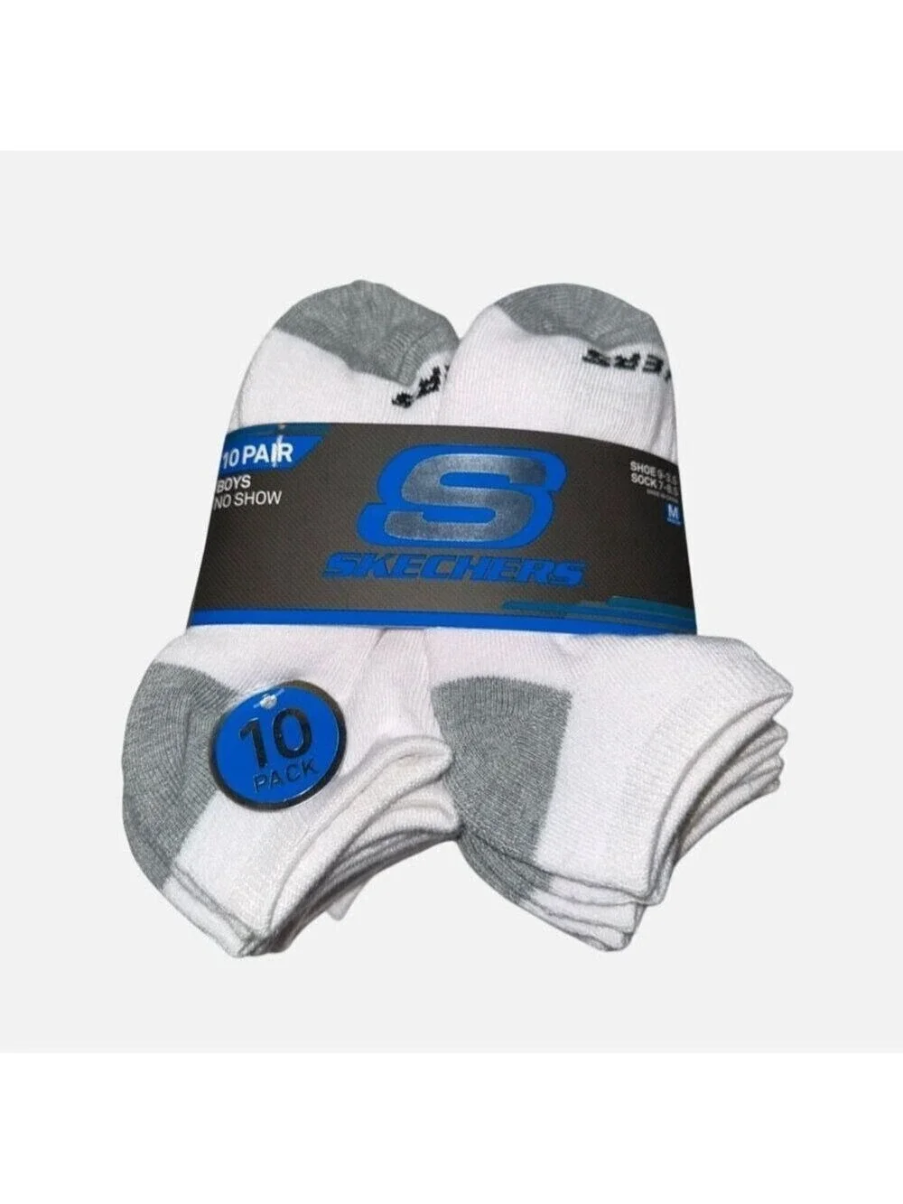 Skechers Boys No Show Socks White and Gray Cushioned Sole 10 Pair Size M New